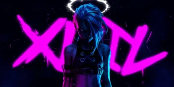 Jinx Arcane neon glow XOXO graffiti cyberpunk anime girl blue pink lighting intense expression dark aesthetic wallpaper