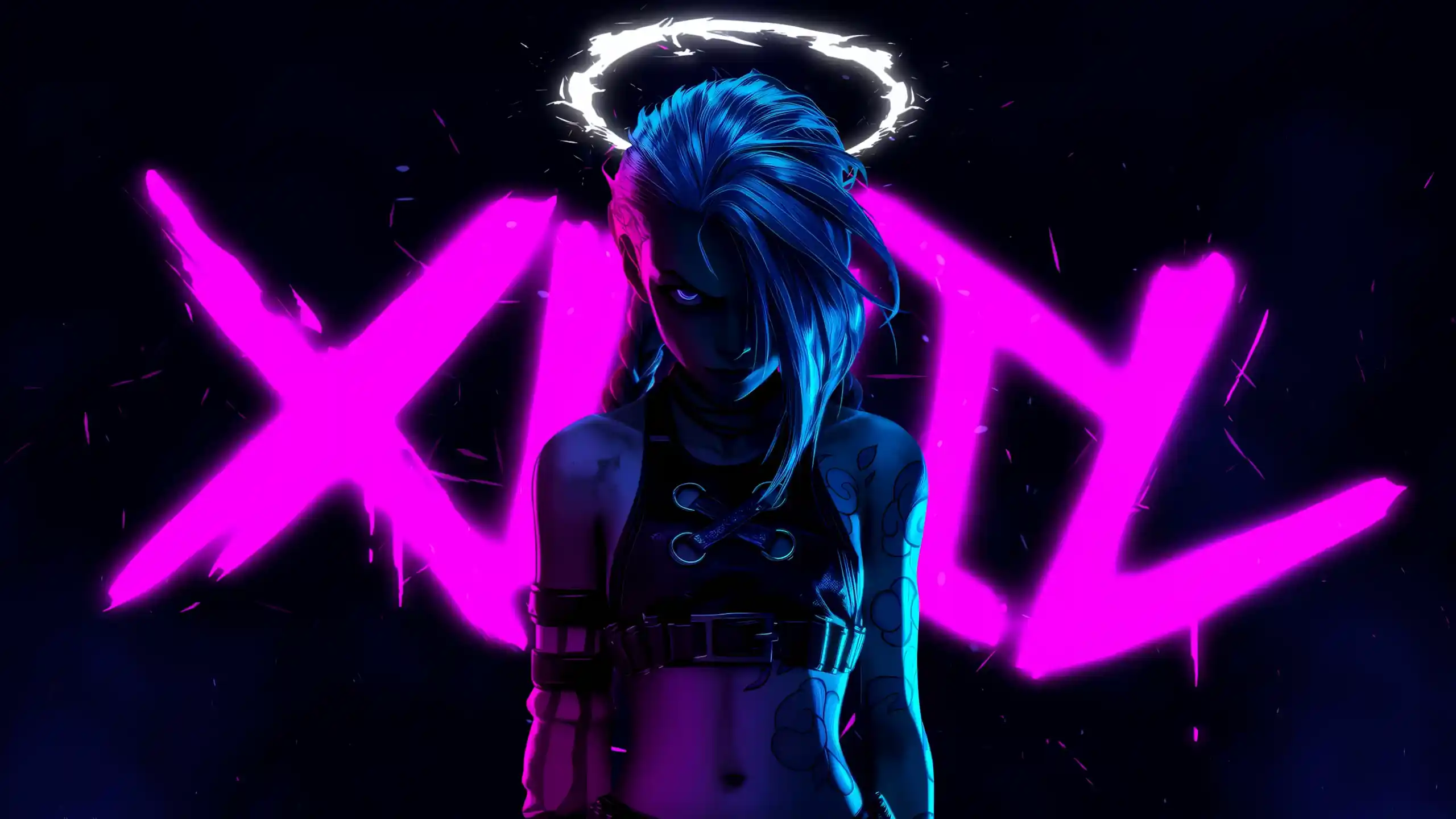 Jinx Arcane neon glow XOXO graffiti cyberpunk anime girl blue pink lighting intense expression dark aesthetic wallpaper