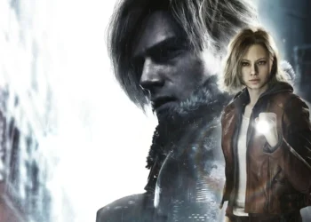 Grace Ashcroft holding flashlight with Leon S Kennedy silhouette in dark rainy Resident Evil Requiem scene with cinematic lighting and tense survival horror atmosphere wallpaper