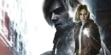 Grace Ashcroft holding flashlight with Leon S Kennedy silhouette in dark rainy Resident Evil Requiem scene with cinematic lighting and tense survival horror atmosphere wallpaper