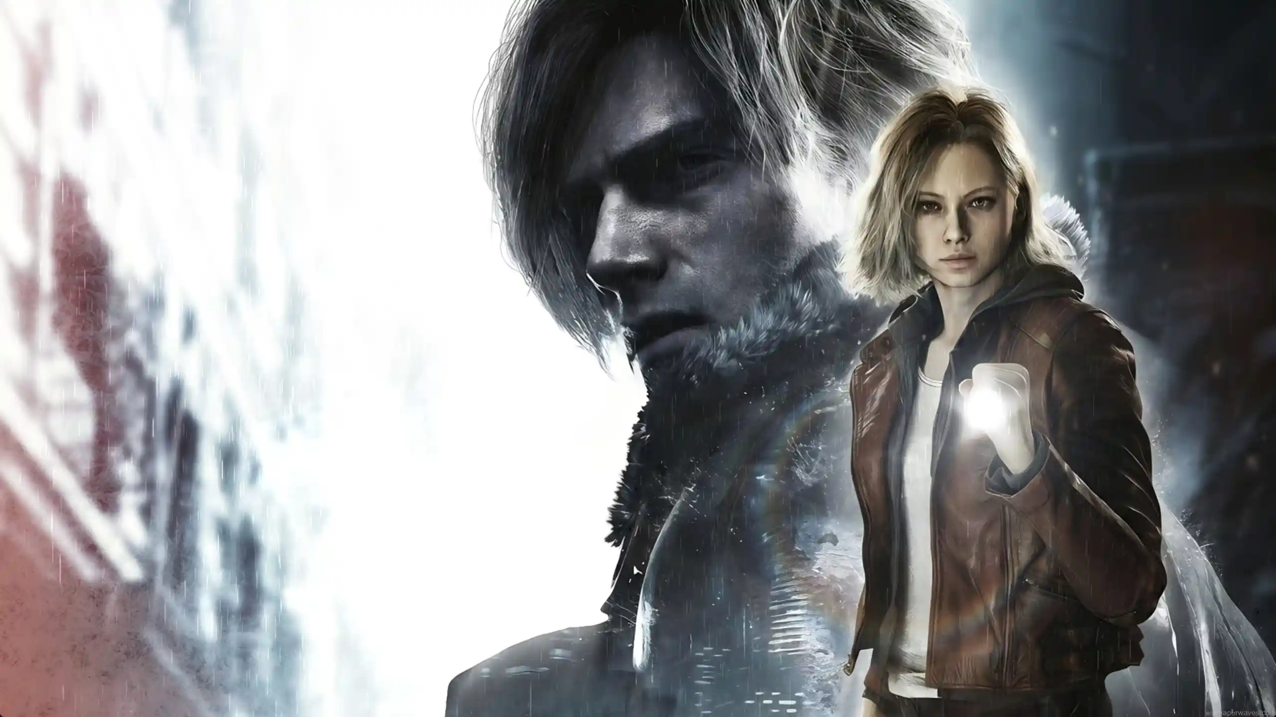 Grace Ashcroft holding flashlight with Leon S Kennedy silhouette in dark rainy Resident Evil Requiem scene with cinematic lighting and tense survival horror atmosphere wallpaper