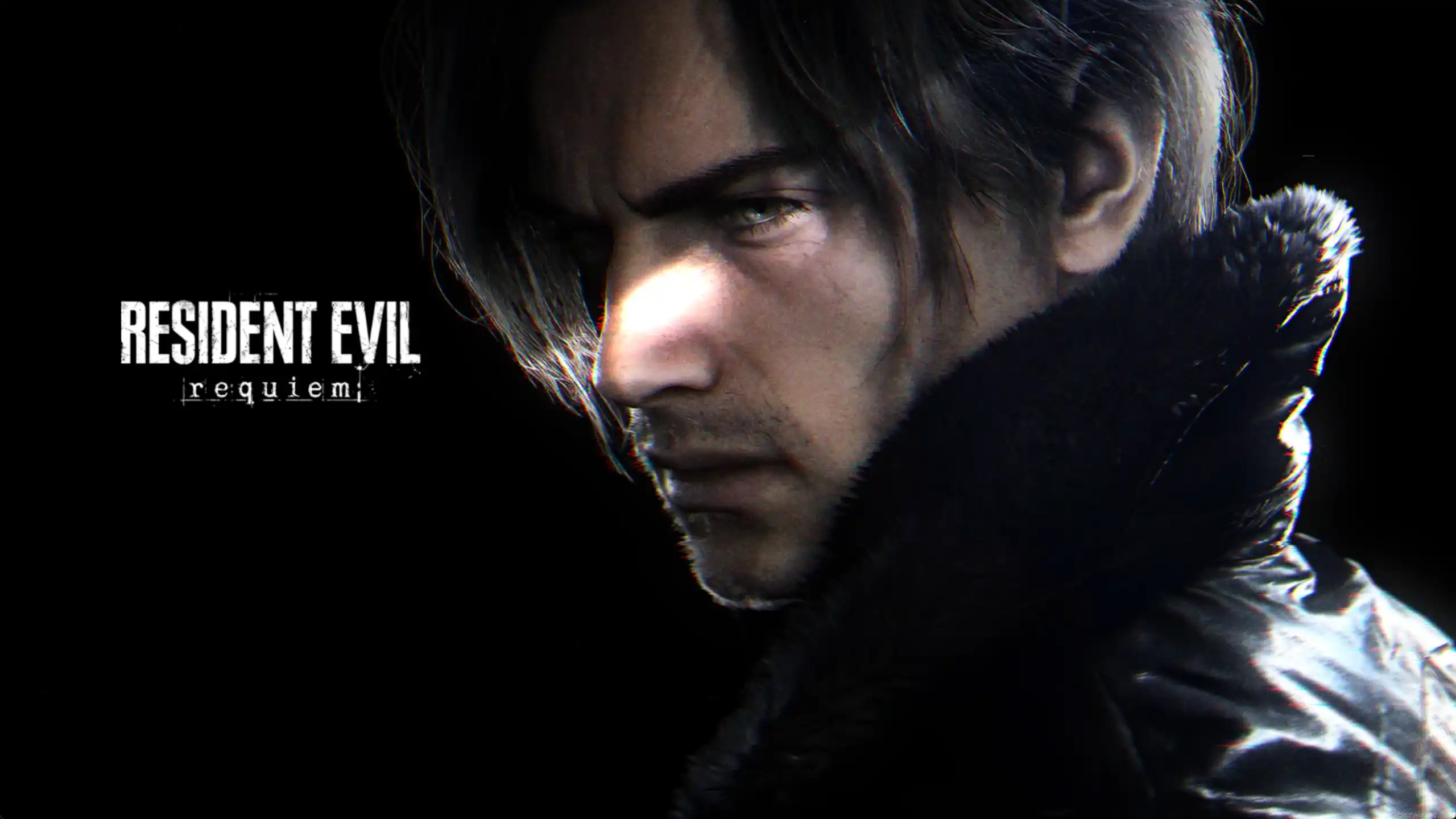 Leon S Kennedy from Resident Evil with intense serious expression, cinematic dark lighting, dramatic close-up portrait with shadowy background and survival horror atmosphere live wallpaper