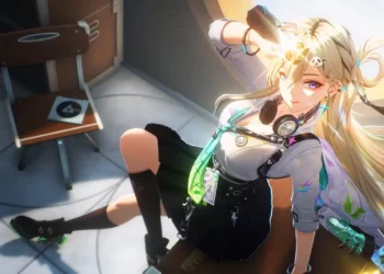 Lynae from Wuthering Waves relaxing in sunlit room with headphones and warm golden light aesthetic cozy anime scene with soft shadows and calm vibe wallpaper