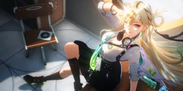 Lynae from Wuthering Waves relaxing in sunlit room with headphones and warm golden light aesthetic cozy anime scene with soft shadows and calm vibe wallpaper