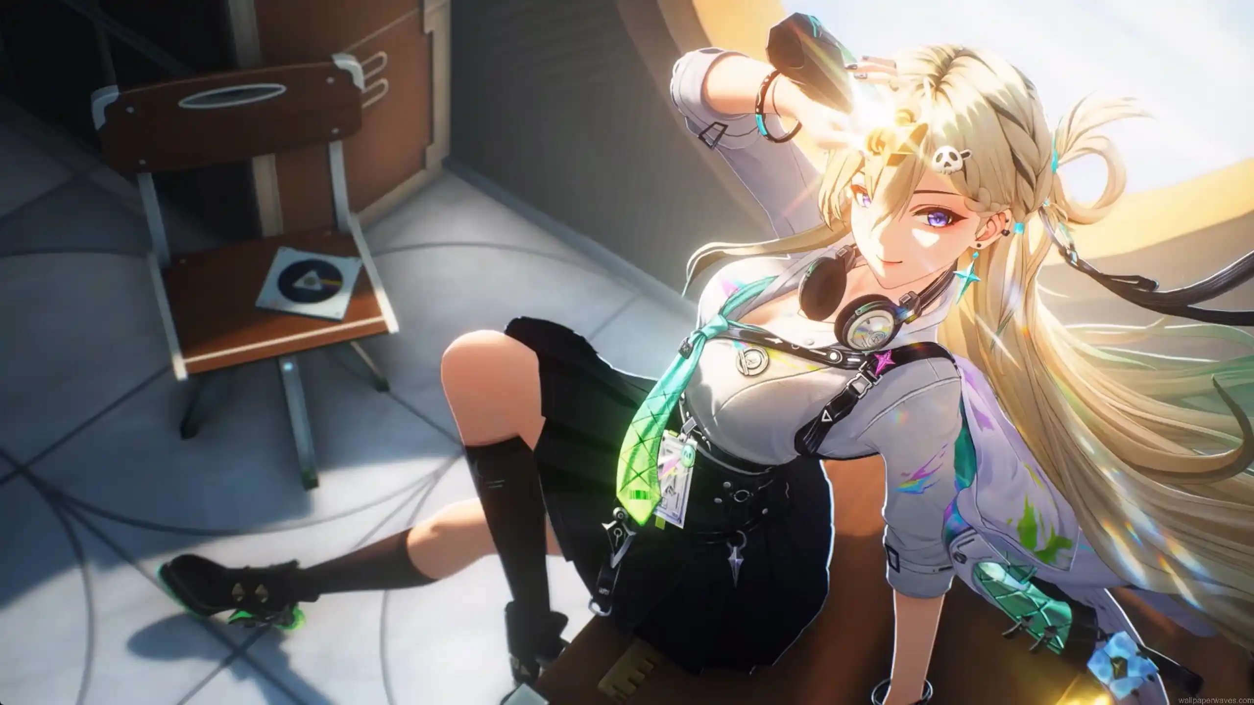 Lynae from Wuthering Waves relaxing in sunlit room with headphones and warm golden light aesthetic cozy anime scene with soft shadows and calm vibe wallpaper