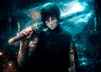 Maki Zenin from Jujutsu Kaisen holding sword over shoulder with battle scars and blood marks, glowing teal energy and sparks in ruined city battlefield, intense anime combat atmosphere live wallpaper