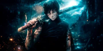 Maki Zenin from Jujutsu Kaisen holding sword over shoulder with battle scars and blood marks, glowing teal energy and sparks in ruined city battlefield, intense anime combat atmosphere live wallpaper
