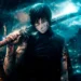 Maki Zenin from Jujutsu Kaisen holding sword over shoulder with battle scars and blood marks, glowing teal energy and sparks in ruined city battlefield, intense anime combat atmosphere live wallpaper
