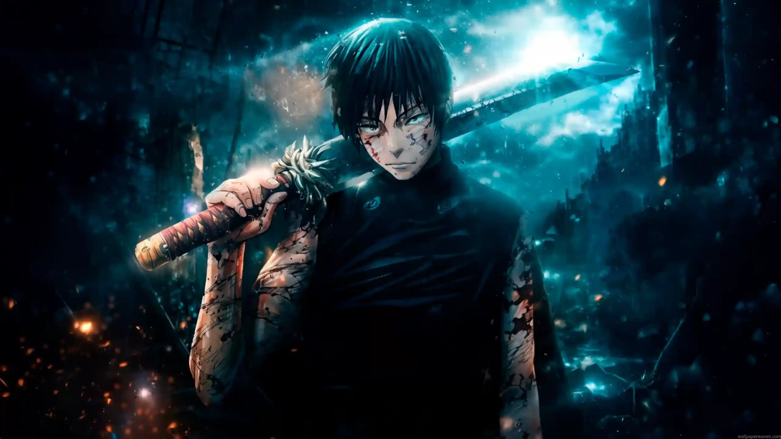 Maki Zenin from Jujutsu Kaisen holding sword over shoulder with battle scars and blood marks, glowing teal energy and sparks in ruined city battlefield, intense anime combat atmosphere live wallpaper