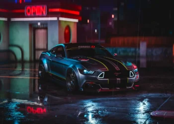 Ford Mustang GT parked in neon city rain at night cinematic reflections wet asphalt cyberpunk street aesthetic muscle car wallpaper