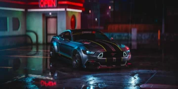 Ford Mustang GT parked in neon city rain at night cinematic reflections wet asphalt cyberpunk street aesthetic muscle car wallpaper