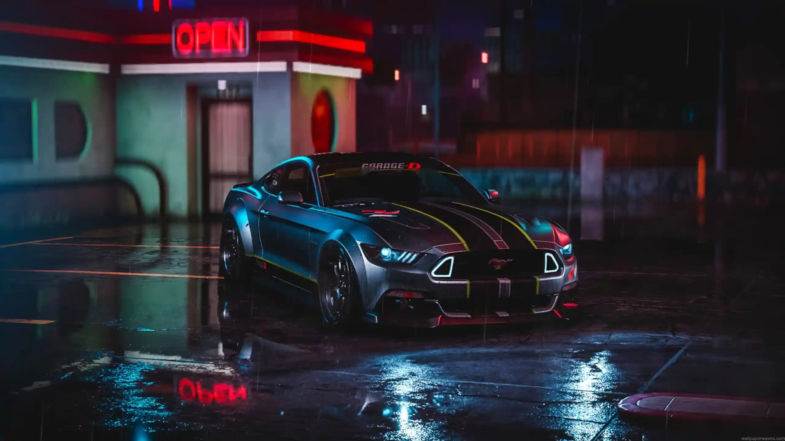 Ford Mustang GT parked in neon city rain at night cinematic reflections wet asphalt cyberpunk street aesthetic muscle car wallpaper