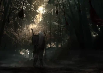 Dark mysterious forest with hanging shadow figures from trees and lone cloaked character standing in misty woods under dramatic sunlight beams fantasy atmosphere wallpaper