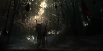 Dark mysterious forest with hanging shadow figures from trees and lone cloaked character standing in misty woods under dramatic sunlight beams fantasy atmosphere wallpaper