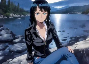 Nico Robin Rain Scene One Piece Live Wallpaper 1 Nico Robin from One Piece sitting by lake in gentle rain with mountains and calm water background peaceful anime nature scene wallpaper