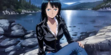 Nico Robin from One Piece sitting by lake in gentle rain with mountains and calm water background peaceful anime nature scene wallpaper