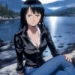 Nico Robin from One Piece sitting by lake in gentle rain with mountains and calm water background peaceful anime nature scene wallpaper