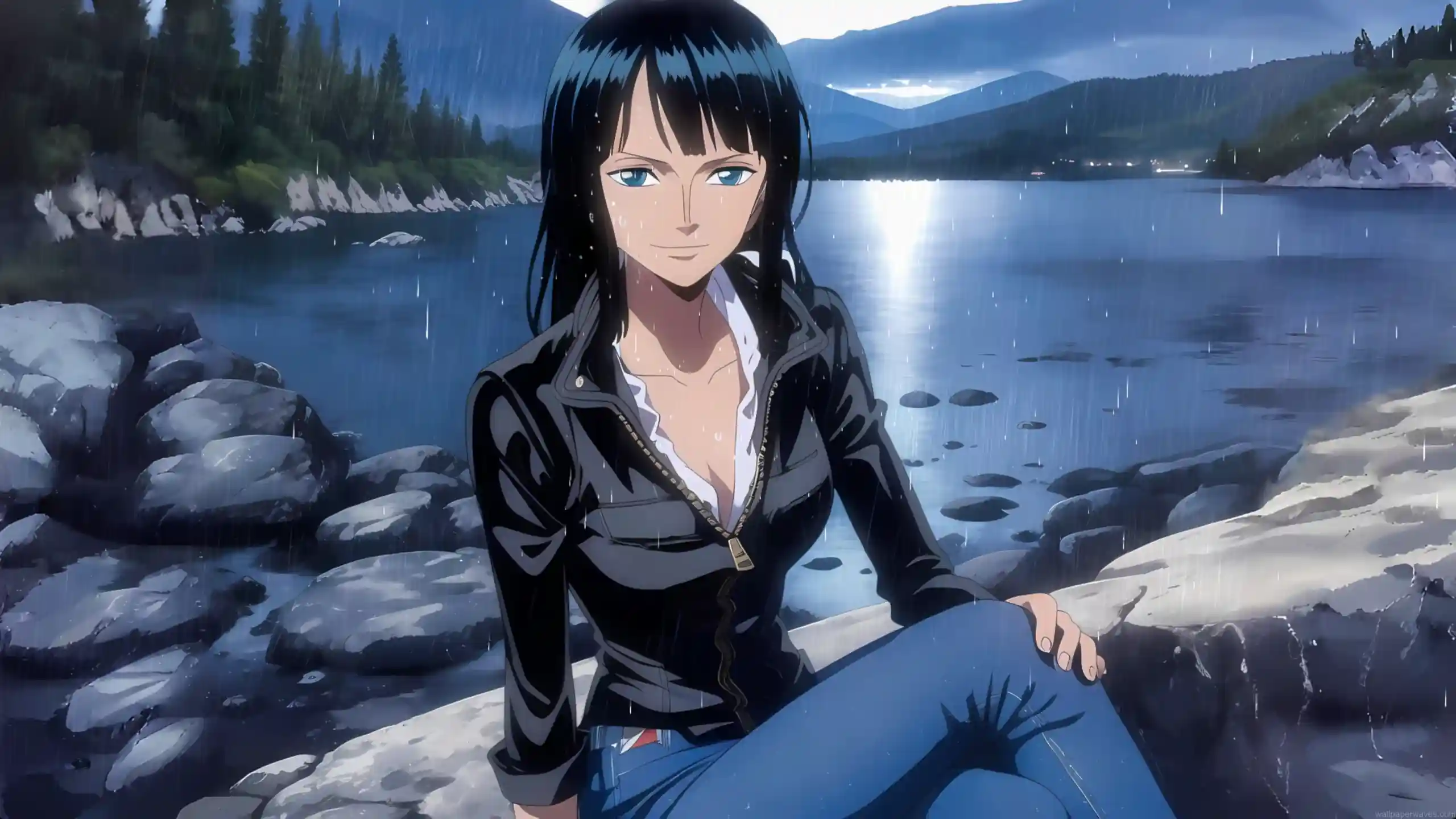Nico Robin from One Piece sitting by lake in gentle rain with mountains and calm water background peaceful anime nature scene wallpaper