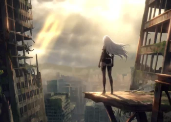 2B from Nier Automata standing on edge of ruined skyscraper overlooking abandoned post apocalyptic city at sunset, dramatic golden sunlight through clouds with destroyed buildings and cinematic dystopian landscape live wallpaper