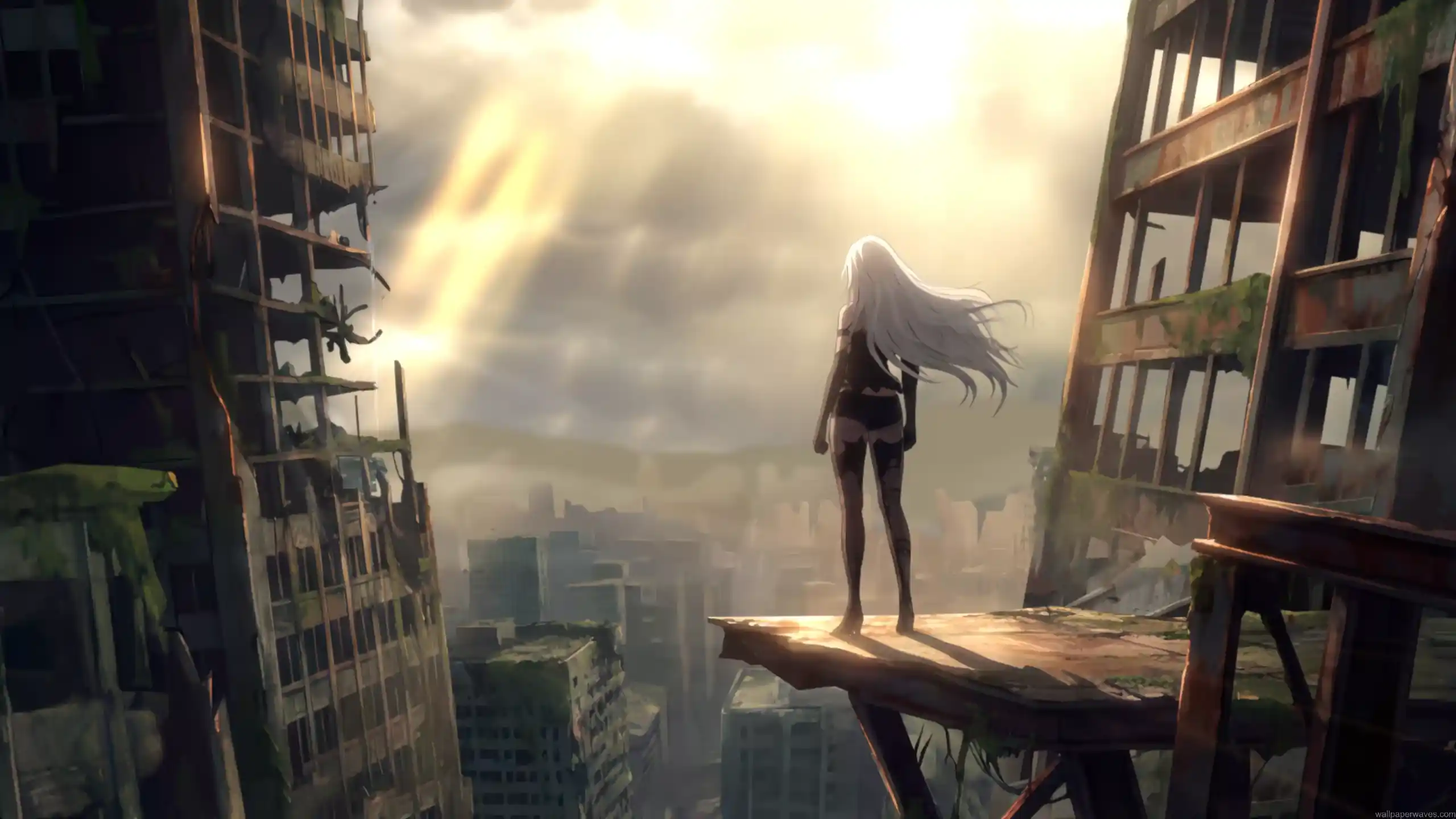 2B from Nier Automata standing on edge of ruined skyscraper overlooking abandoned post apocalyptic city at sunset, dramatic golden sunlight through clouds with destroyed buildings and cinematic dystopian landscape live wallpaper