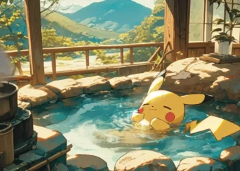 Pikachu Hot Spring Relaxing Live Wallpaper 1 Pikachu relaxing in hot spring bath with mountain view cozy anime peaceful nature scene warm sunlight and steam aesthetic wallpaper