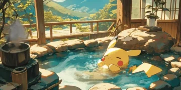 Pikachu relaxing in hot spring bath with mountain view cozy anime peaceful nature scene warm sunlight and steam aesthetic wallpaper