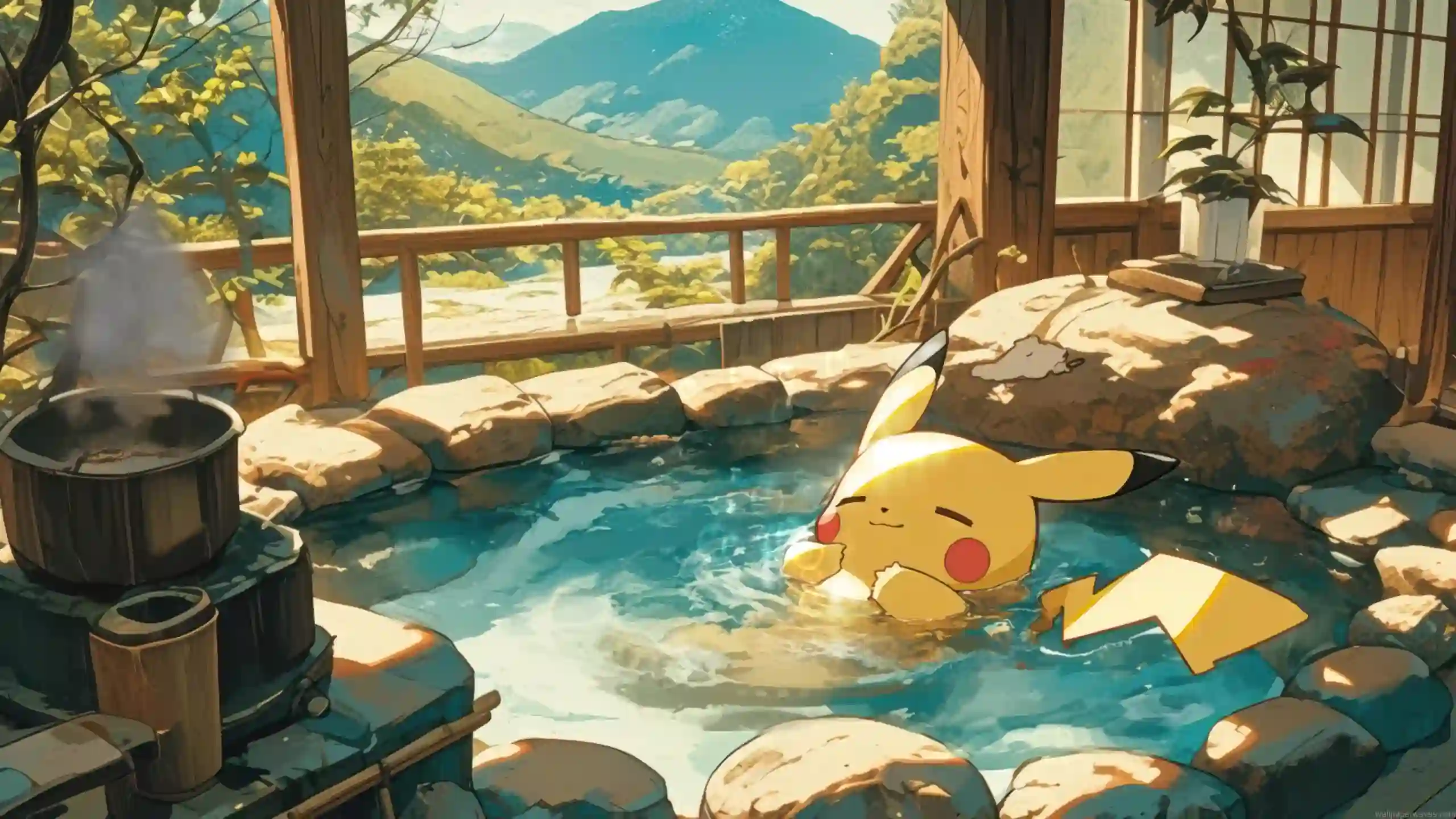 Pikachu relaxing in hot spring bath with mountain view cozy anime peaceful nature scene warm sunlight and steam aesthetic wallpaper