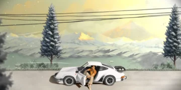 White Porsche 911 parked on peaceful mountain roadside with driver stepping out, snowy peaks and lake in background under golden sunset sky in calm anime landscape wallpaper