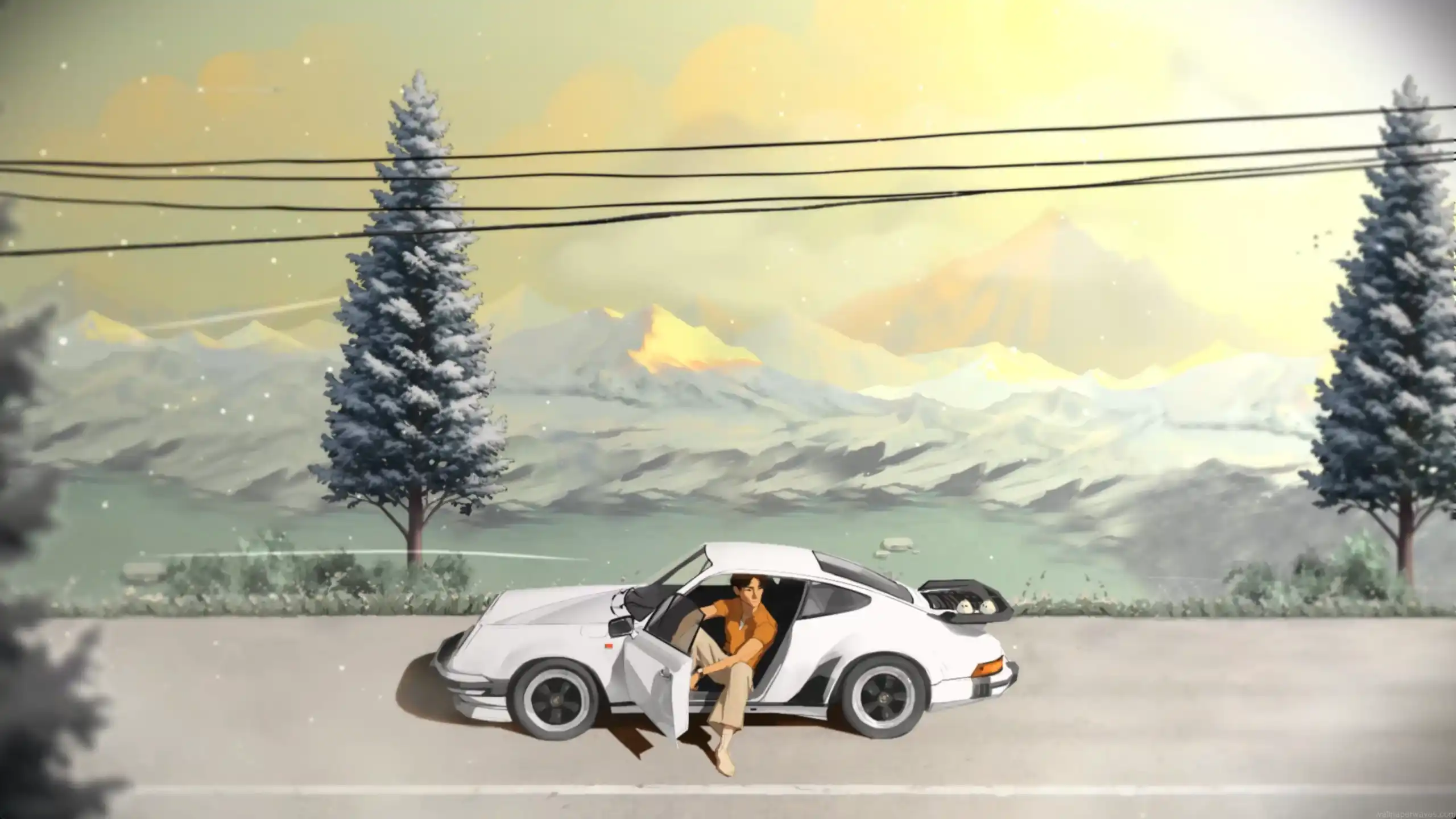 White Porsche 911 parked on peaceful mountain roadside with driver stepping out, snowy peaks and lake in background under golden sunset sky in calm anime landscape wallpaper