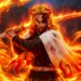 Kyojuro Rengoku from Demon Slayer wielding flaming Nichirin sword with intense fire aura, blazing orange flames swirling around flame hashira warrior with dramatic anime battle atmosphere live wallpaper