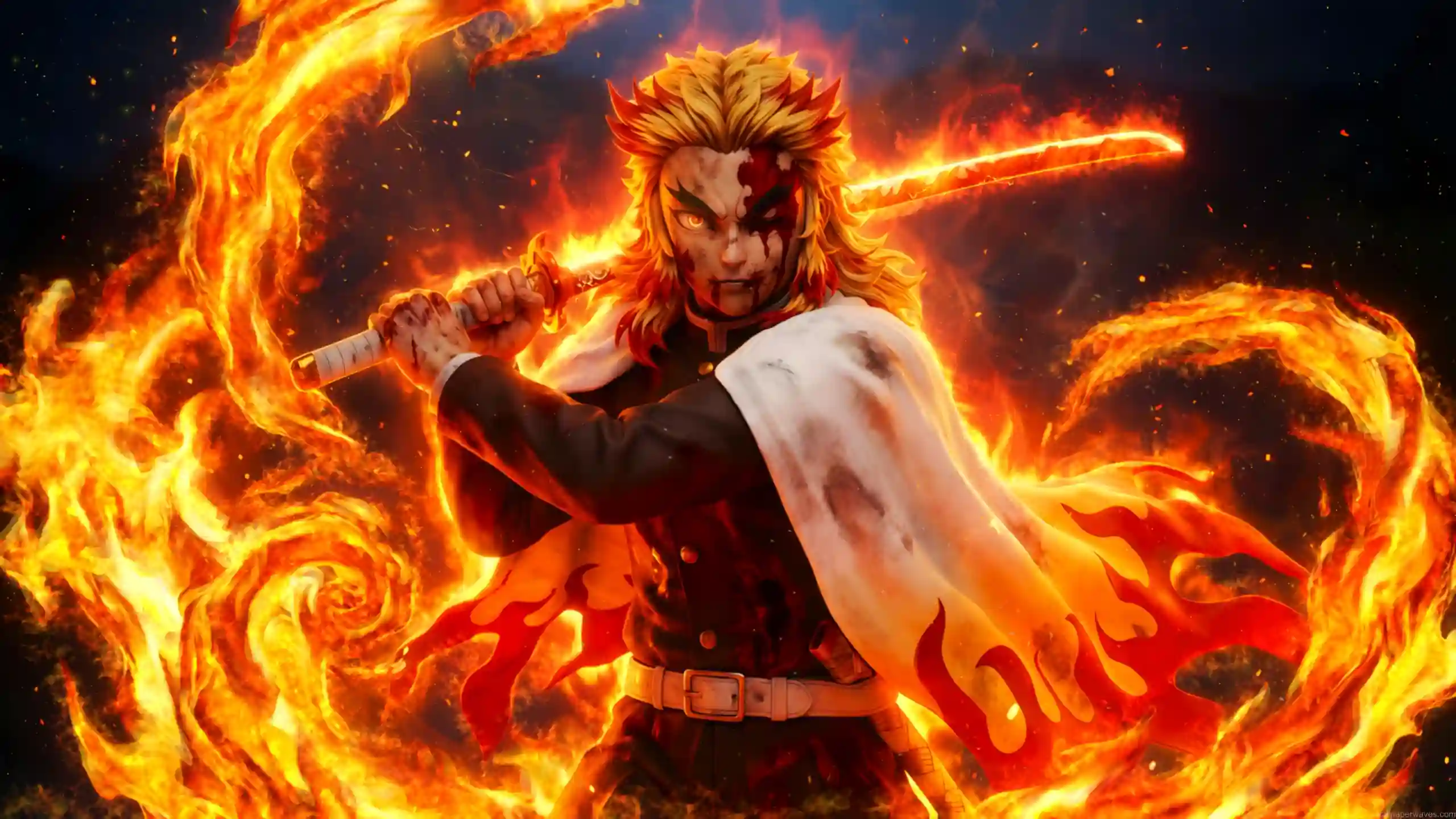 Kyojuro Rengoku from Demon Slayer wielding flaming Nichirin sword with intense fire aura, blazing orange flames swirling around flame hashira warrior with dramatic anime battle atmosphere live wallpaper