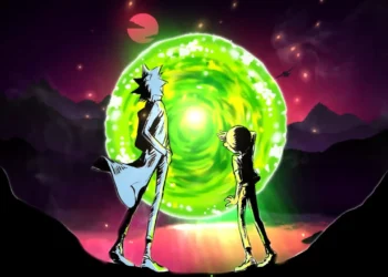 Rick and Morty standing in front of glowing green portal in cosmic alien landscape with purple sky and mountains multiverse adventure cartoon wallpaper