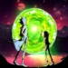 Rick and Morty standing in front of glowing green portal in cosmic alien landscape with purple sky and mountains multiverse adventure cartoon wallpaper