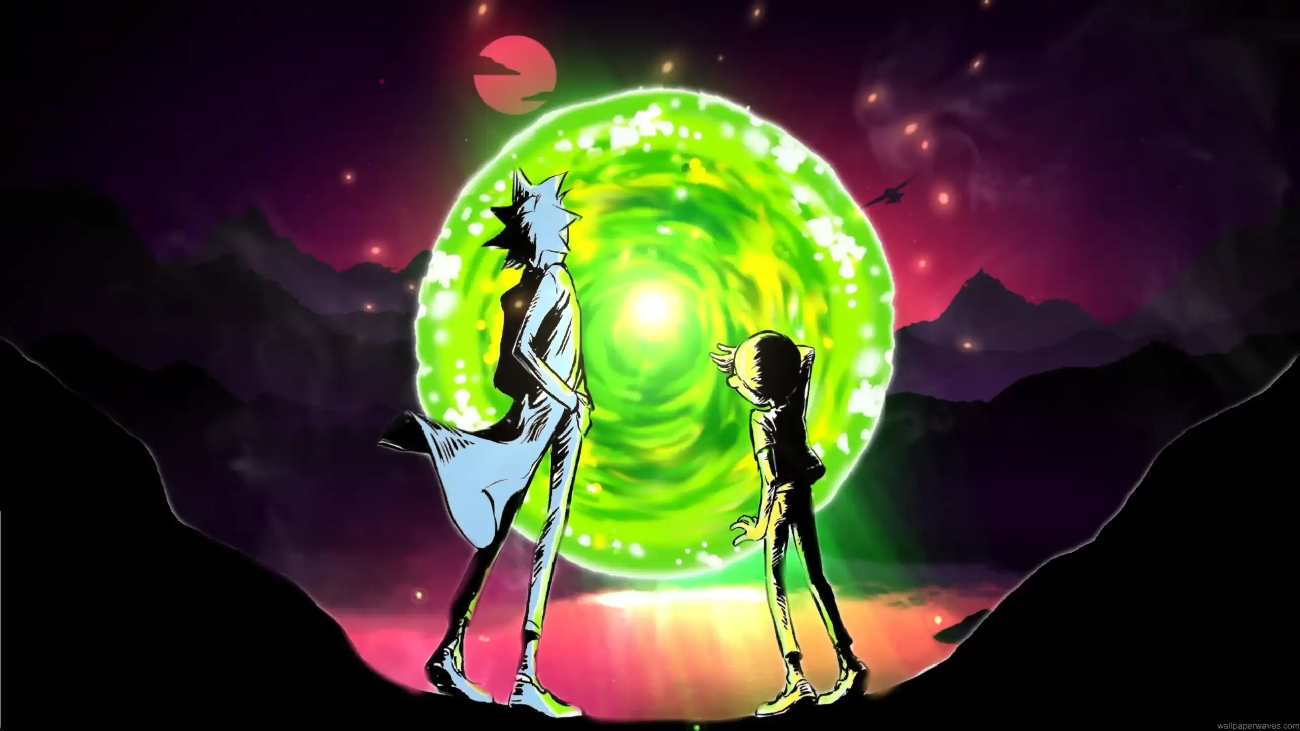 Rick and Morty standing in front of glowing green portal in cosmic alien landscape with purple sky and mountains multiverse adventure cartoon wallpaper