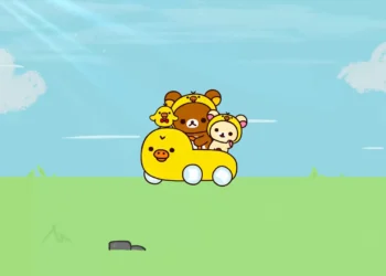 Rilakkuma and friends riding a yellow duck-shaped car across a green field under blue sky with clouds and sunlight, cute cartoon characters with playful pastel colors and cheerful aesthetic live wallpaper