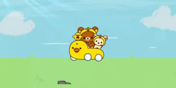 Rilakkuma and friends riding a yellow duck-shaped car across a green field under blue sky with clouds and sunlight, cute cartoon characters with playful pastel colors and cheerful aesthetic live wallpaper