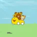 Rilakkuma and friends riding a yellow duck-shaped car across a green field under blue sky with clouds and sunlight, cute cartoon characters with playful pastel colors and cheerful aesthetic live wallpaper