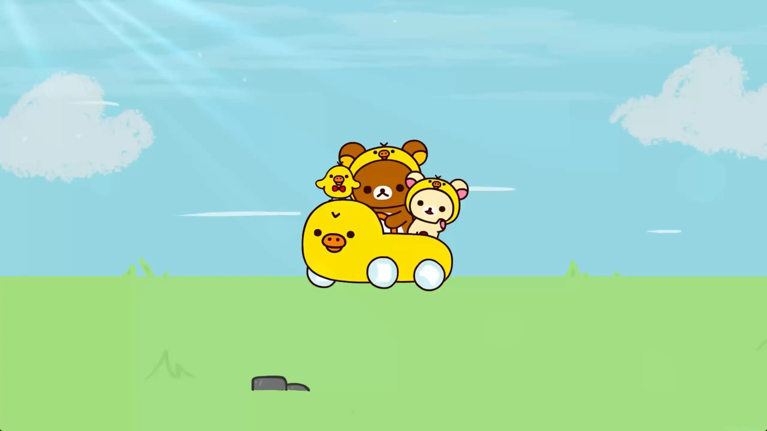 Rilakkuma and friends riding a yellow duck-shaped car across a green field under blue sky with clouds and sunlight, cute cartoon characters with playful pastel colors and cheerful aesthetic live wallpaper
