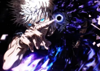 Satoru Gojo from Jujutsu Kaisen using Limitless technique Hollow Purple, glowing blue eyes, white hair, swirling purple cursed energy vortex, shattered space fragments and cosmic energy effects live wallpaper