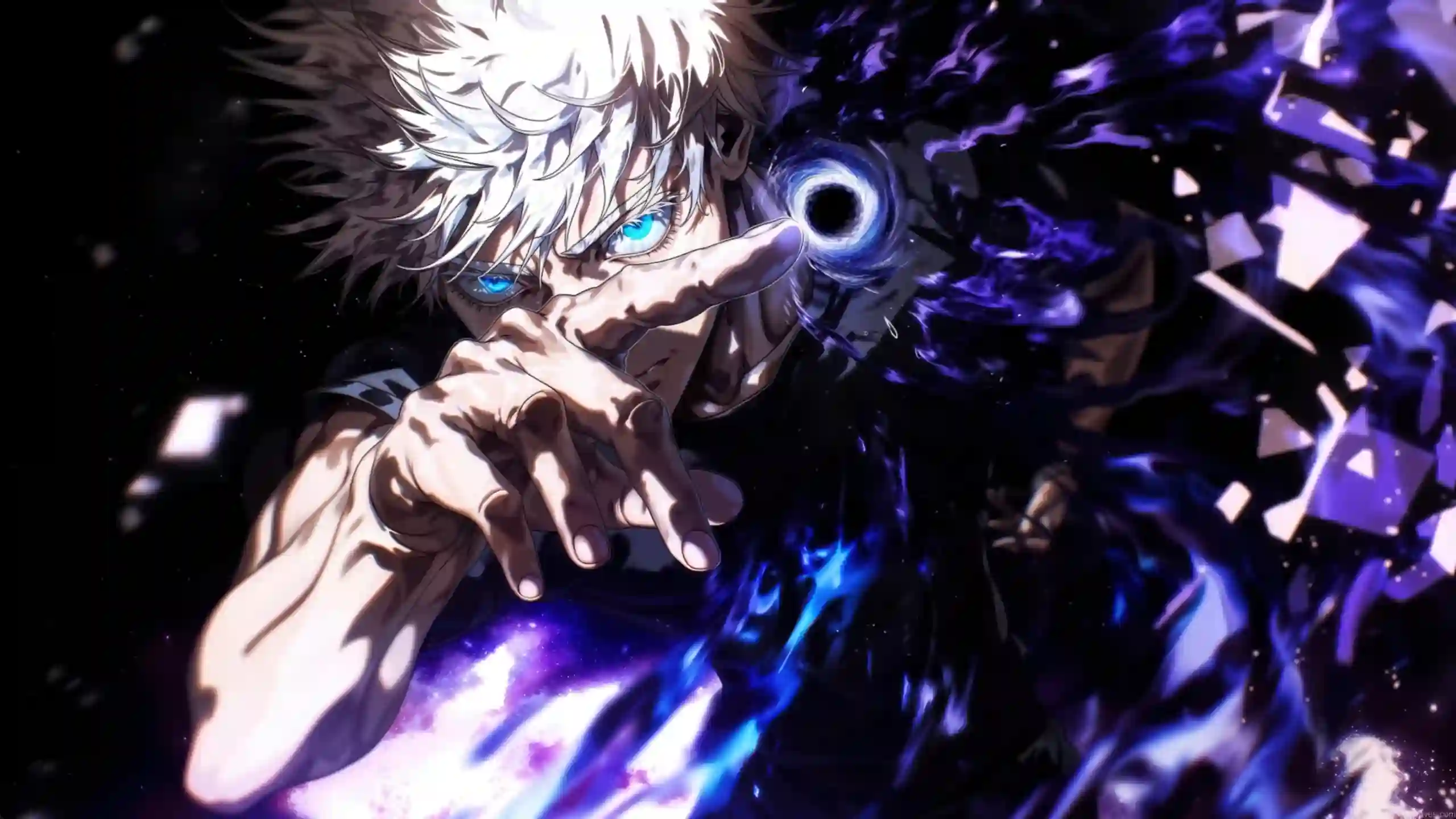 Satoru Gojo from Jujutsu Kaisen using Limitless technique Hollow Purple, glowing blue eyes, white hair, swirling purple cursed energy vortex, shattered space fragments and cosmic energy effects live wallpaper