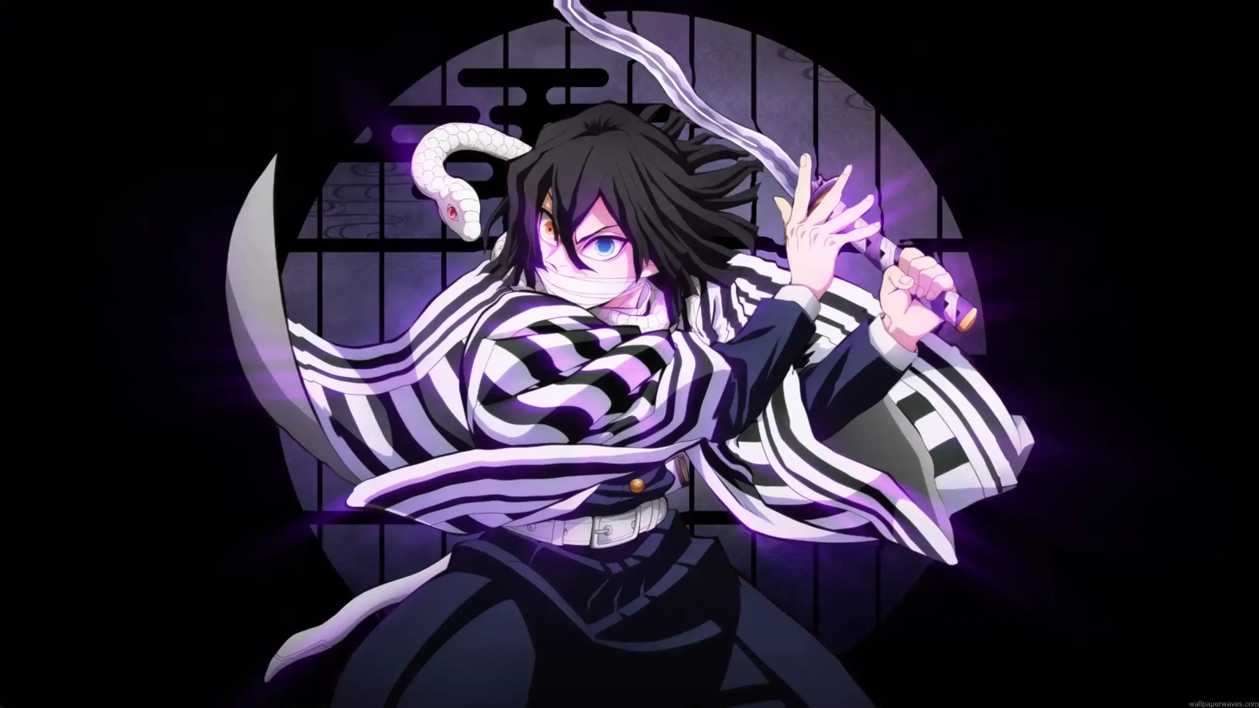Obanai Iguro Serpent Hashira dark aesthetic anime sword stance purple aura snake demon slayer intense eyes wallpaper