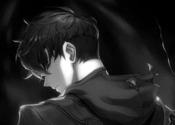 Sung Jin-Woo from Solo Leveling standing in dark shadow aura with black hair covering eyes, monochrome anime style lighting, mysterious shadow energy and drifting particles, dramatic cinematic darkness live wallpaper