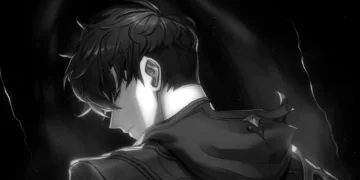 Sung Jin-Woo from Solo Leveling standing in dark shadow aura with black hair covering eyes, monochrome anime style lighting, mysterious shadow energy and drifting particles, dramatic cinematic darkness live wallpaper