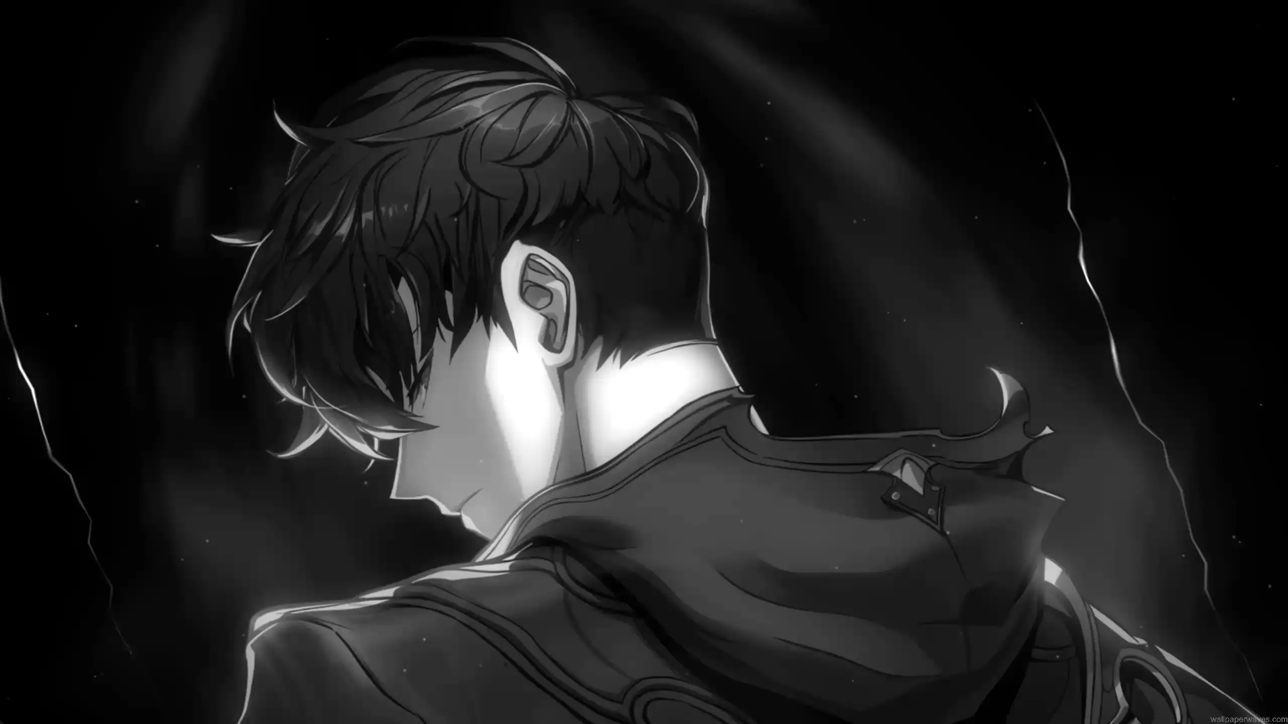 Sung Jin-Woo from Solo Leveling standing in dark shadow aura with black hair covering eyes, monochrome anime style lighting, mysterious shadow energy and drifting particles, dramatic cinematic darkness live wallpaper