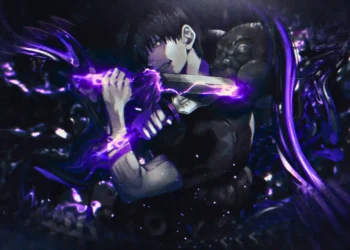 Toji Fushiguro from Jujutsu Kaisen holding glowing purple cursed blade surrounded by dark shadows and energy with intense anime battle atmosphere wallpaper