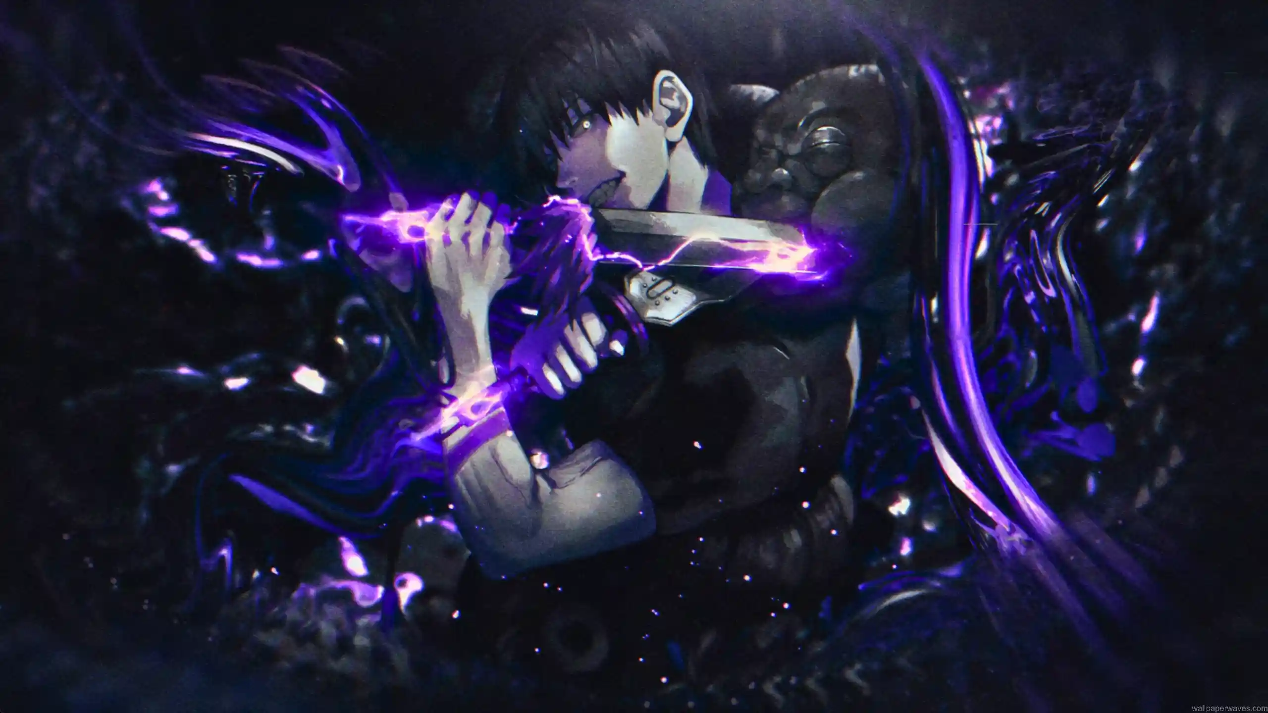 Toji Fushiguro from Jujutsu Kaisen holding glowing purple cursed blade surrounded by dark shadows and energy with intense anime battle atmosphere wallpaper