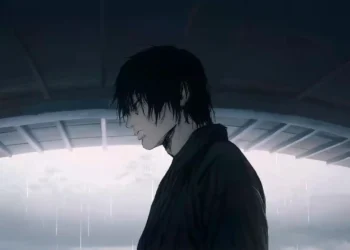 Toji Zenin standing under structure in rain with dark wet hair covering eyes, moody anime lighting, quiet assassin atmosphere, dramatic rainy scene with cold shadow aesthetic live wallpaper