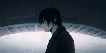 Toji Zenin standing under structure in rain with dark wet hair covering eyes, moody anime lighting, quiet assassin atmosphere, dramatic rainy scene with cold shadow aesthetic live wallpaper