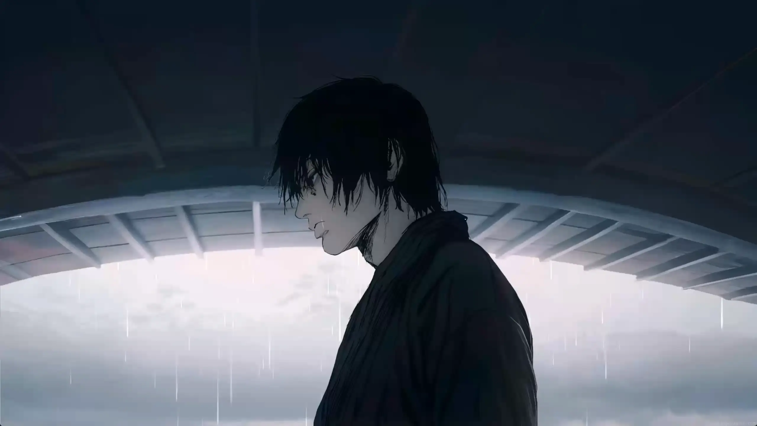 Toji Zenin standing under structure in rain with dark wet hair covering eyes, moody anime lighting, quiet assassin atmosphere, dramatic rainy scene with cold shadow aesthetic live wallpaper