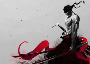 Roronoa Zoro from One Piece in minimal black and white samurai style holding swords with red ink splash background intense warrior aesthetic wallpaper